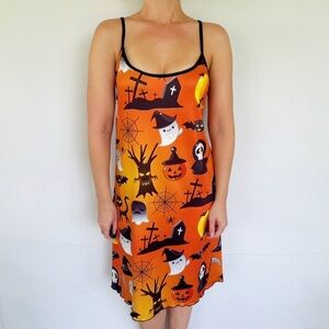 Plus Size Halloween orange black ghost print spaghetti strap dress size 5XL